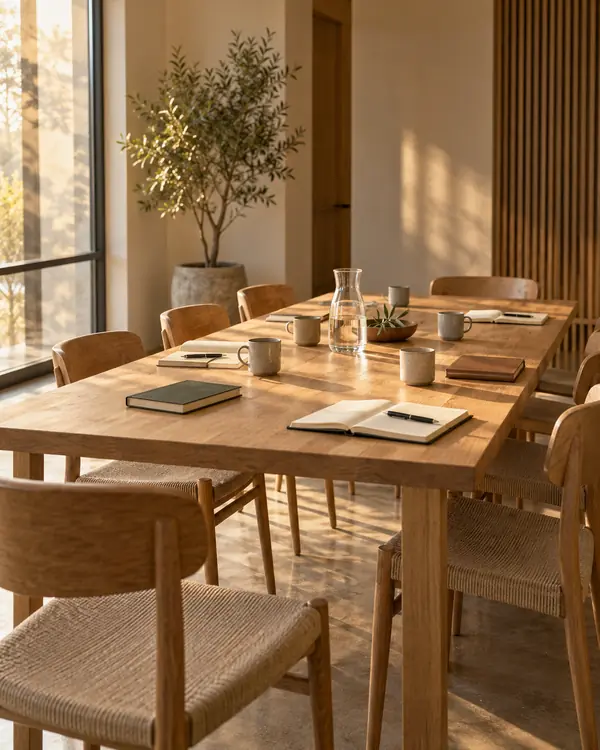 A light oak table set for a small group, with mugs, notebooks and a water carafe, in a sunlit modern seminar room