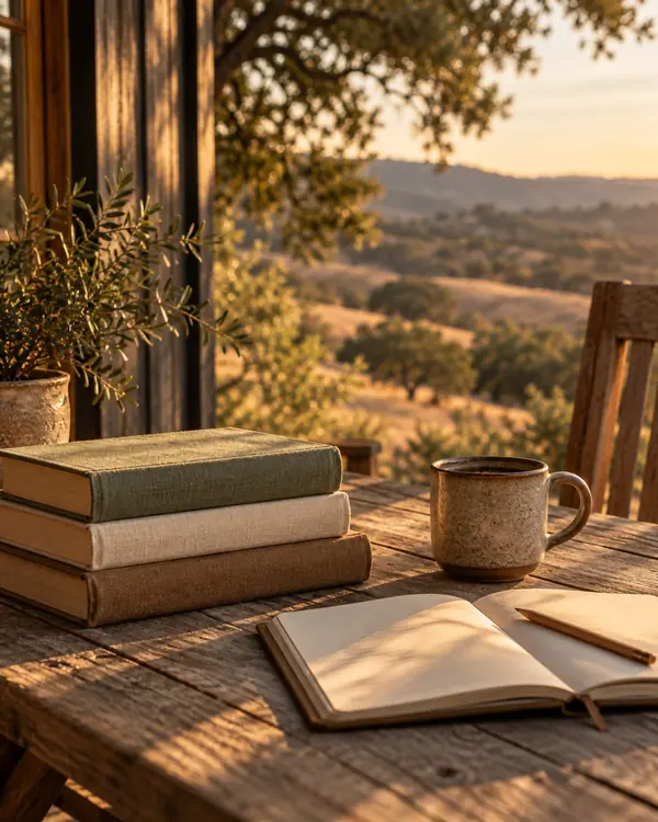 A stack of linen bound books beside a mug and an open notebook on a porch table