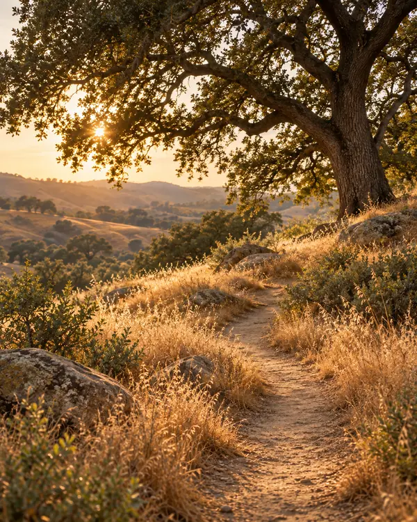 A footpath winding up a golden hillside beneath a coast live oak at sunset