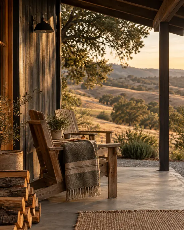 Two wooden chairs with a wool blanket on a covered porch overlooking golden hills